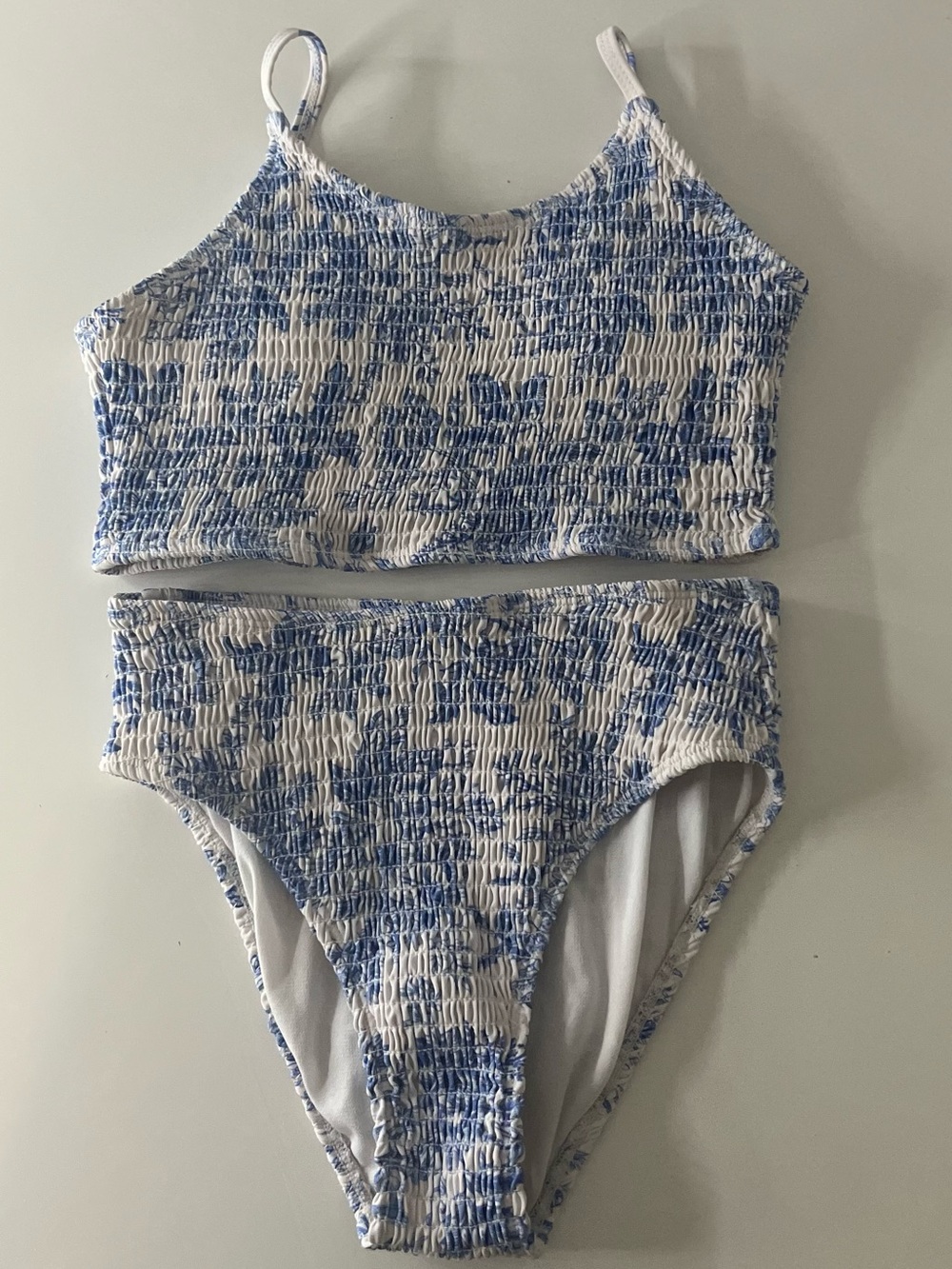 SHEIN White and Blue Smocked Tank Bikini Set for Kids